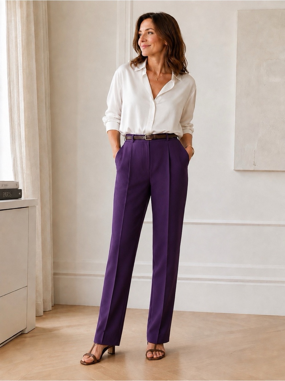 Chaus Women’s Purple Silk Old Money Chic High Waisted Pockets Pants, Size 16
